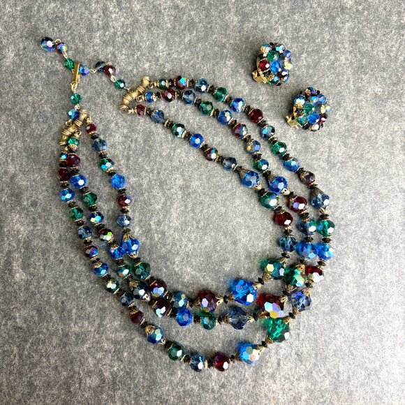 vintage Jewelry - 1960s triple strand jewel tone beaded necklace with matching clip on earrings